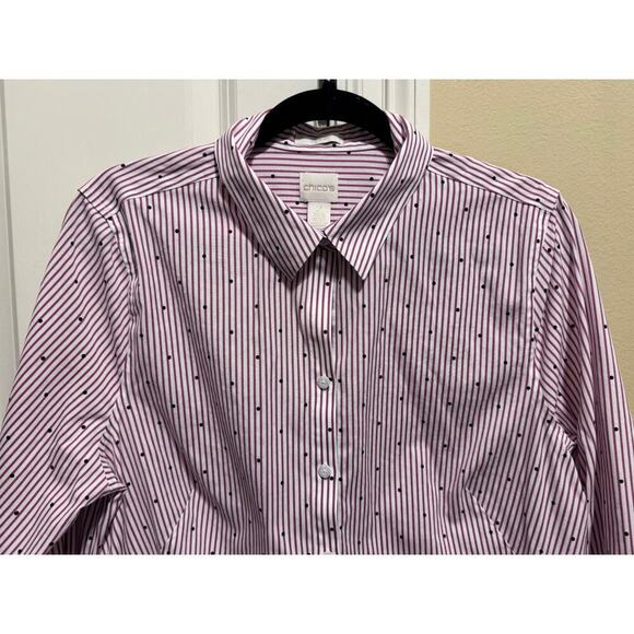 Chico's Red White Blue Polka Dots No Iron Button Up Collar Tunic Shirt Sz 2 (l) - Picture 2 of 11